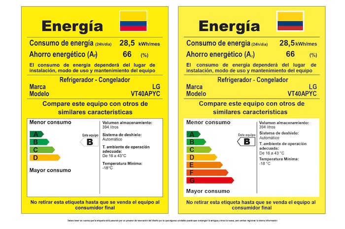 Tarjeta de consumo energético de la nevera LG VT40APYC